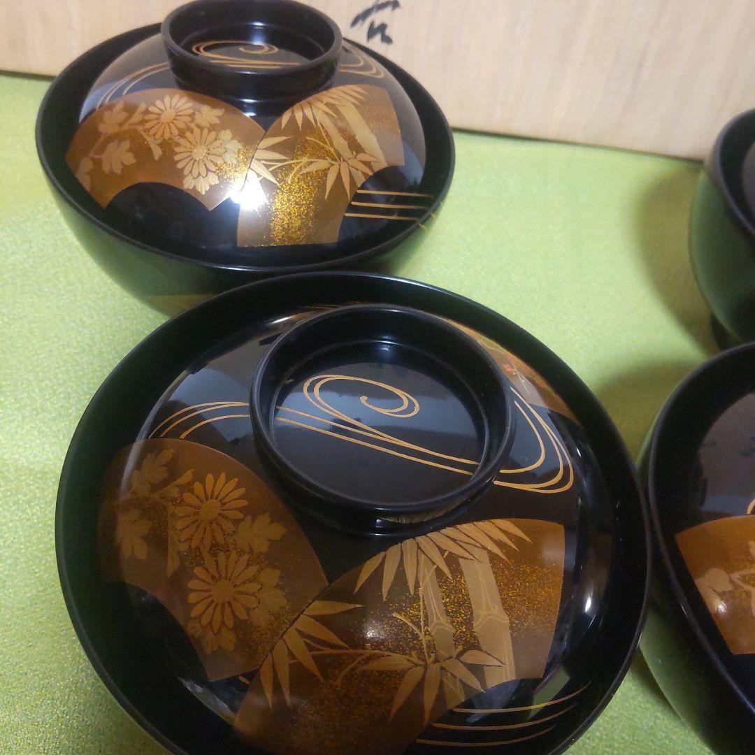 輪島塗 金 蒔絵 扇面 蓋付 椀 吸物椀 竹 梅 木箱 伝統工芸