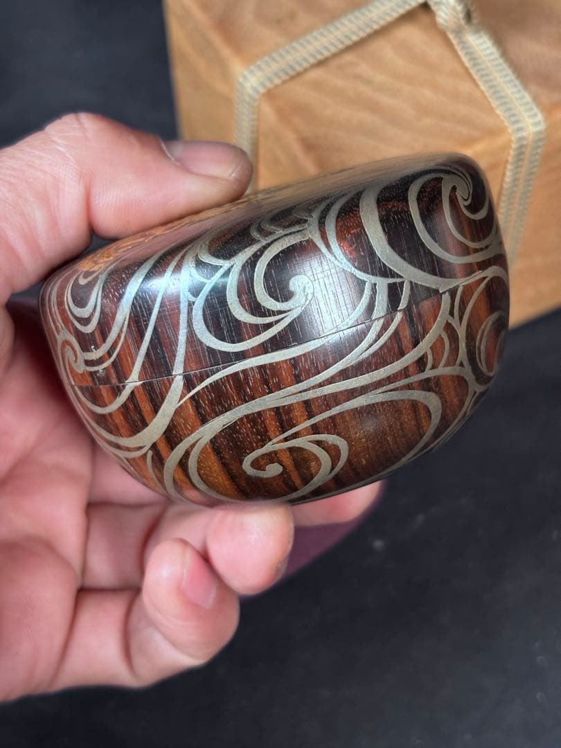 送料無料　棗　平棗　木地　嶋黒檀　黒柿？　和骨董　水車　蒔絵　茶道具　仕覆付き