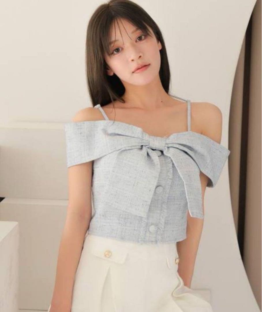 LIP SERVICE リップサービス ツイードリボンオフショルトップス ブルー