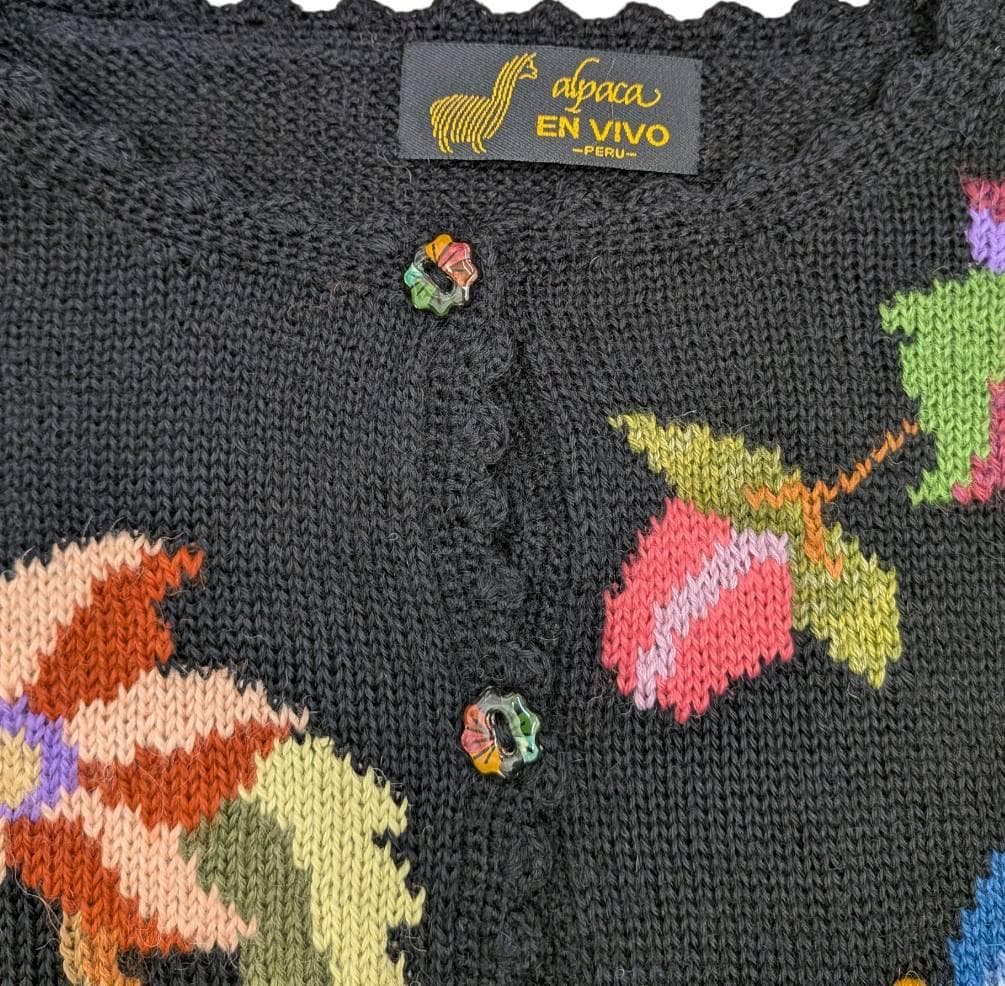 アルパカ １００％ 花柄 カーディガン ブラック Ｍ～Ｌ相当