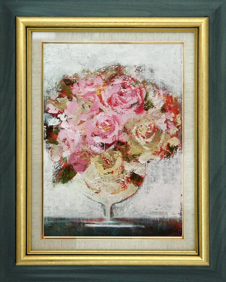 油絵 菅家令子 絵画インテリア 額付(青緑＋金色の枠)uF6-113102 ばら