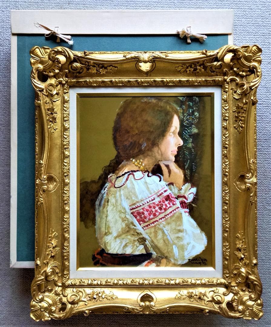 宮永岳彦　「婦人像」　F６号　　豪華な金縁額装　　真作