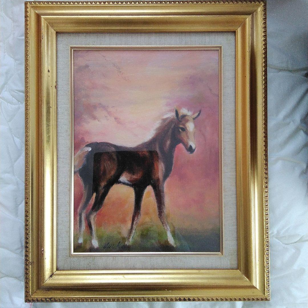 馬の油彩画 金色フレーム