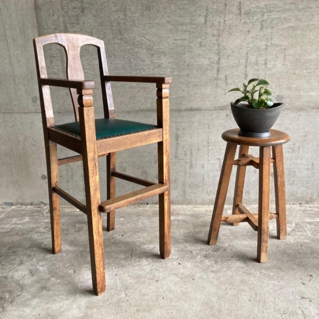 古い味のある子供椅子 ハイチェア 木製 飾り台 緑色 家具 レトロ ヴィンテージ