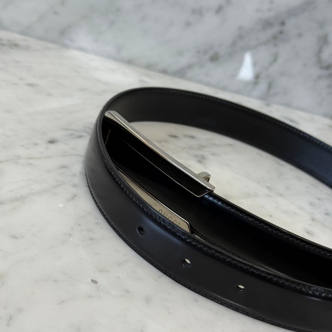 美品 GUCCI グッチ ベルト 本革 レザー ブラック シルバー メタルロゴ