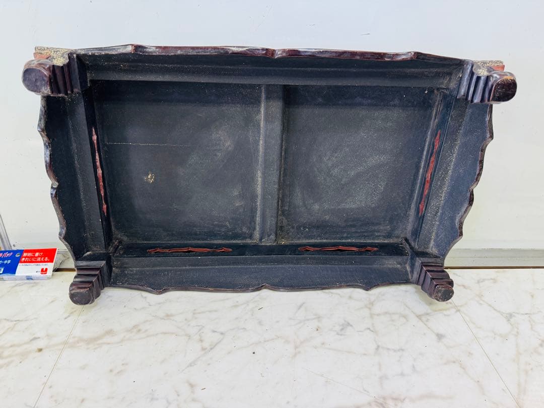 総螺鈿 細工 楼閣人物 長方平卓 61cm花台 飾台 香炉台 木製 猫足 漆芸