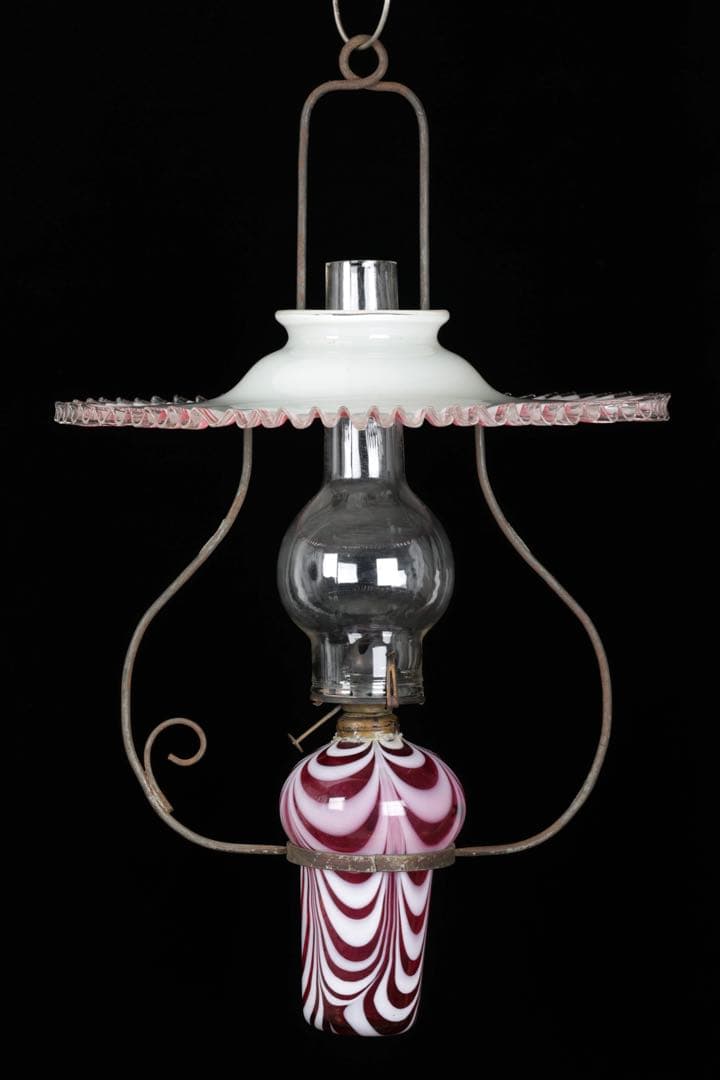け*ん様 吊りオイルランプ 明治～大正期 乳白ガラス傘 マーブルピンク模様オイル