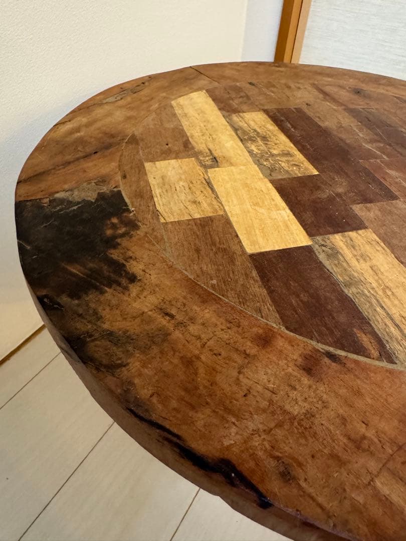 journal standard◆ 木製パッチワーク円卓 金属キャスター付き