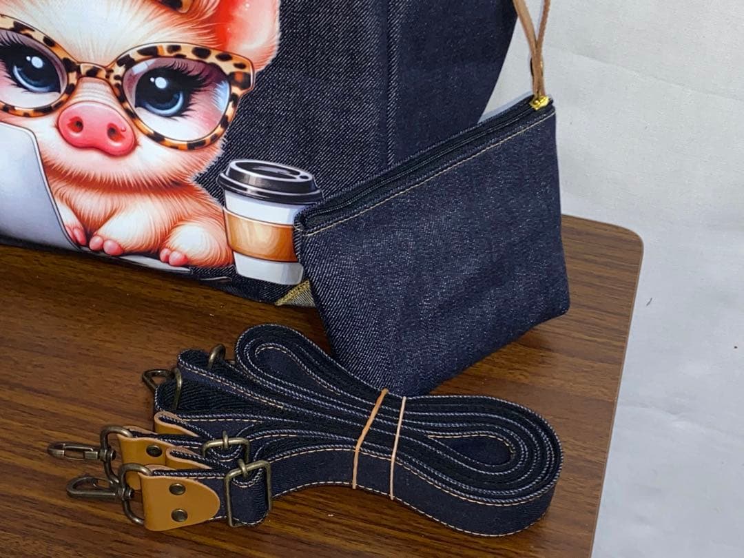 ☆ハンドメイド☆岡山デニム☆豚☆ブタさん☆リュック対応☆4wayボストンバッグ