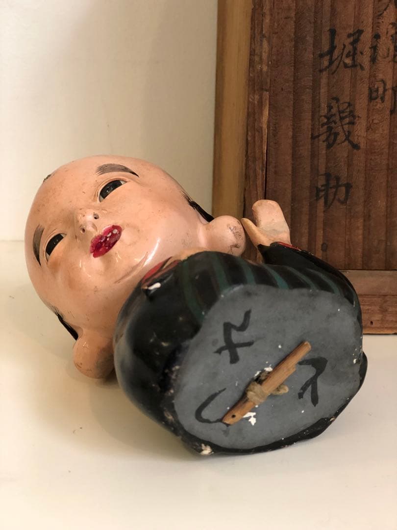 大正5年　福助人形　胡粉仕上げオープンマウス　骨董品　首動人形 インテリア　置物