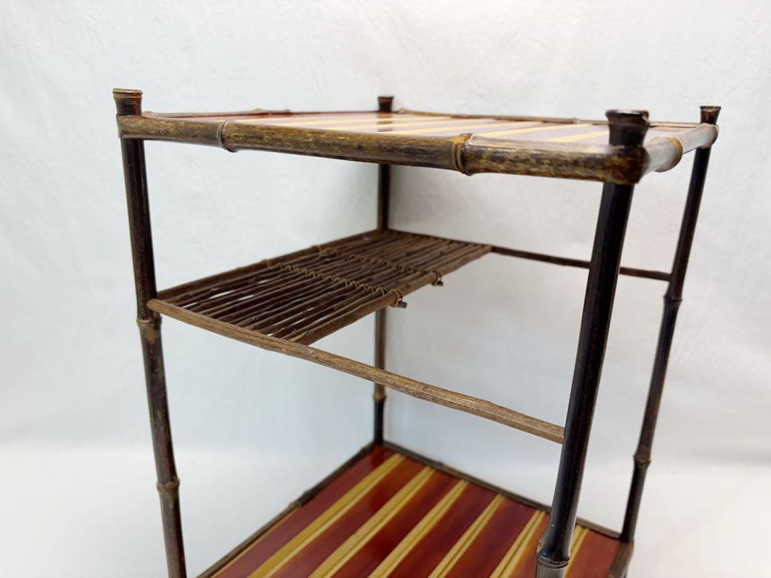 ほぼ未使用 茶道具 綾瀬棚 煎茶棚 黒竹柱 煎茶用二重棚 茶棚 小棚 竹工芸