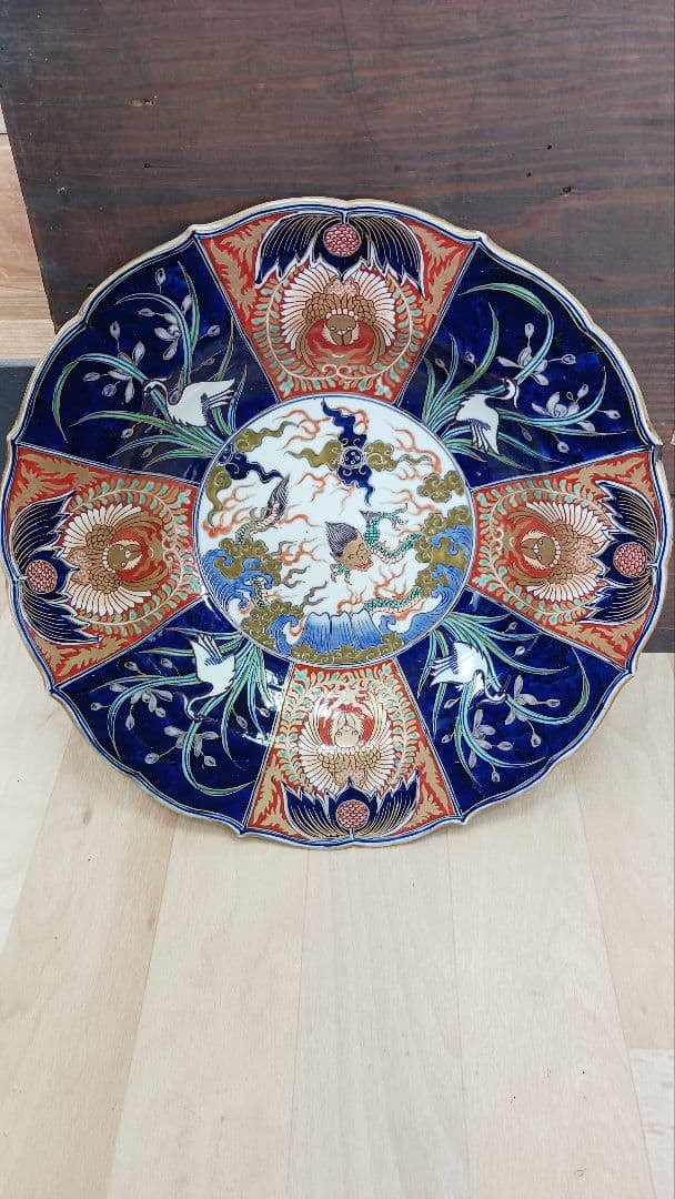 時代物古伊万里色絵錦手金襴手金彩【雲龍鳳凰？鷺図】大皿　冨貴長春　江戸期時代箱付