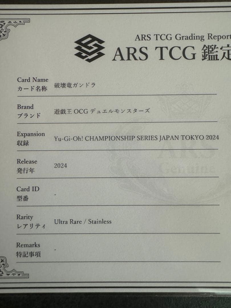 【ARS10】世界1枚　破壊竜ガンドラ　ステンレス　遊戯王　鑑定書付