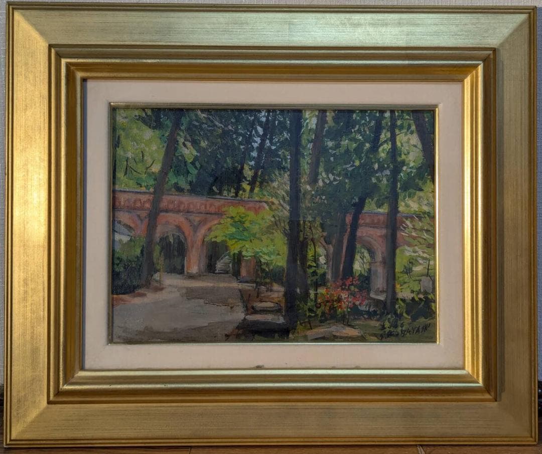 【真作】絵画　油彩4号　緑陰の水路閣　穏やかな光と影を描く風景油彩画　W7