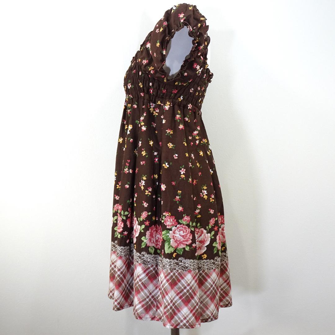 LIZLISA ワンピース 花柄 チェック柄 半袖 ブラウン フェアリーグランジ