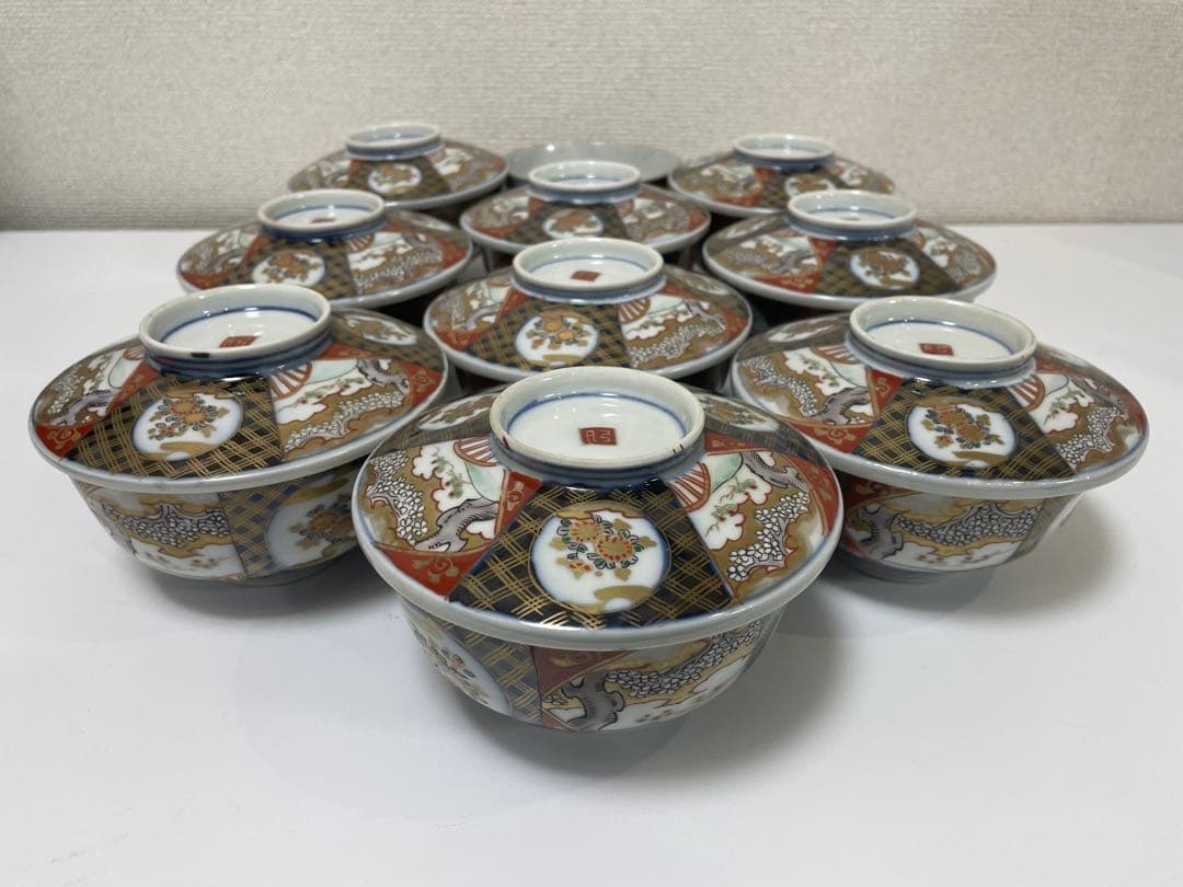 【現状品】有田焼 古伊万里焼 蓋付碗 煮物椀 汁椀 飯碗 10客 蓋9枚 レトロ