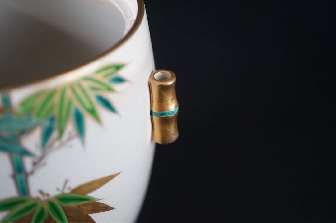 平安 京焼 手塚桐鳳 仁清写 竹絵付 竹形耳付 水指 共箱 茶道具