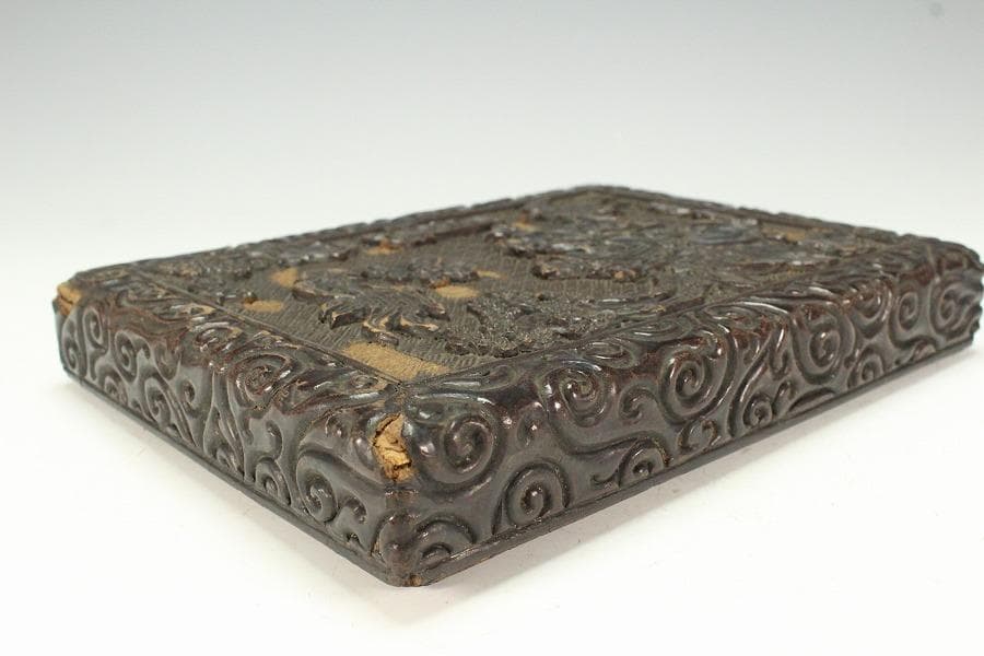 中国美術 彷 堆黒 具利縁 人物鳳鶴紋 蓋物(K-YC375)