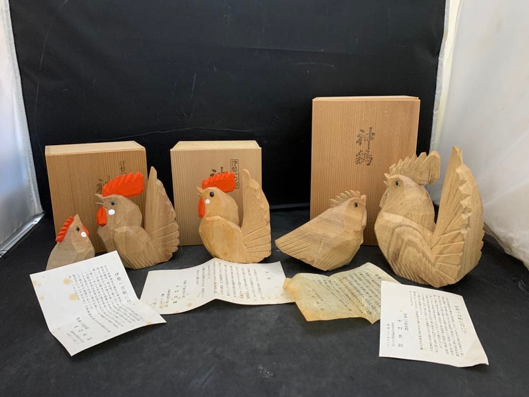 一刀彫師 中村良記作 干支の置物 酉 神鶏 雄雌2羽セット×2/ 1羽　共箱