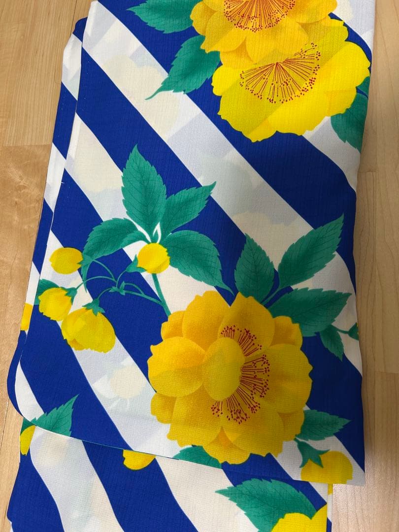 浴衣単品　撫松庵　花柄　青　白　ストライプ　黄色　セオアルファ　単衣