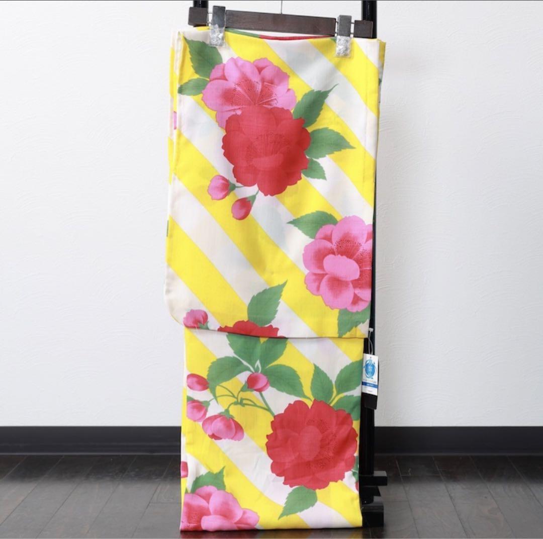 浴衣単品　撫松庵　花柄　青　白　ストライプ　黄色　セオアルファ　単衣