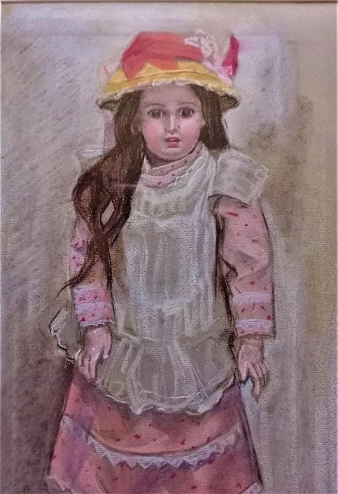 小島俊男　タイトル「人形」　パステル画　サインあり　金縁額装　黄袋、専用箱付き