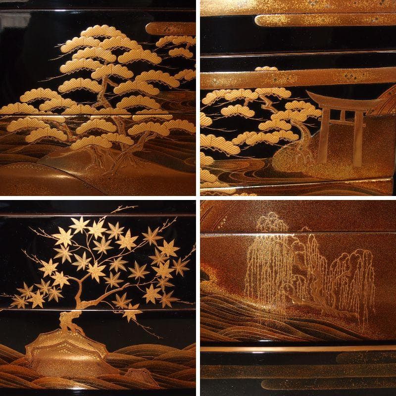 【最高級・極美品】輪島塗 漆芸/堀忠 山水蒔絵 四段重箱 台付き お重/弁当箱