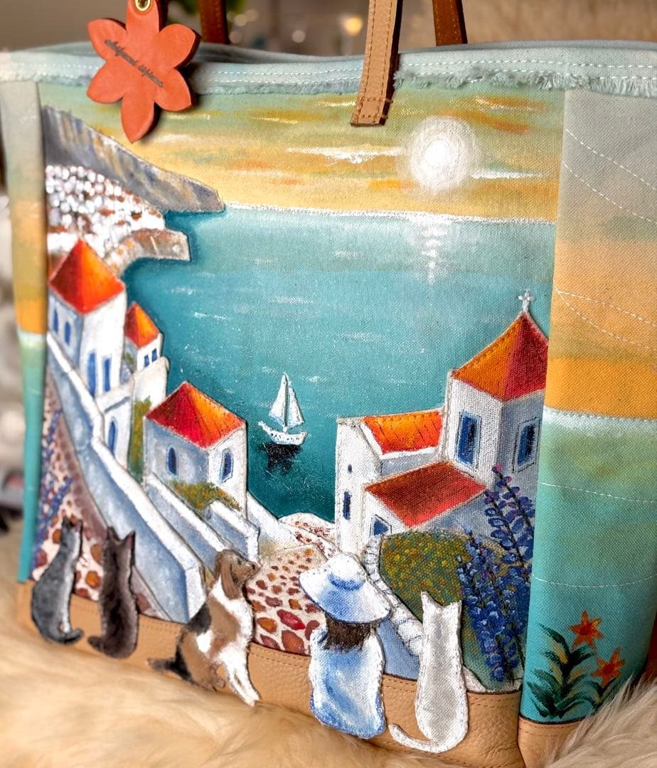 (手づくり)\"感謝溢れ出る日の夕暮れ\"レザー帆布トートバッグ/ネコ刺繍