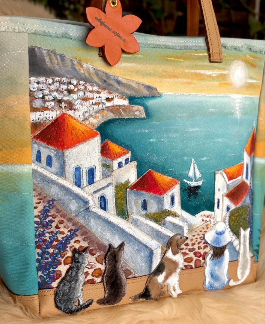 (手づくり)\"感謝溢れ出る日の夕暮れ\"レザー帆布トートバッグ/ネコ刺繍