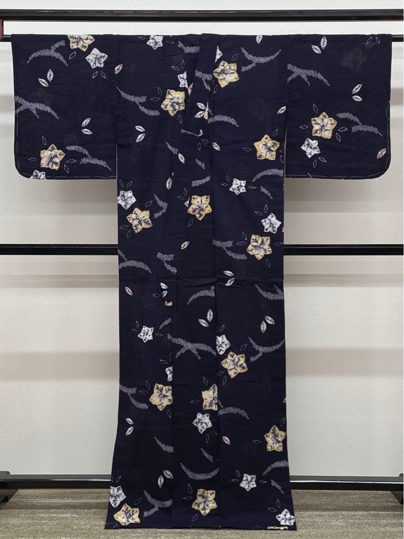 有松絞り 浴衣 夏物 桔梗文様 紺色系 綿100％ 躾糸付き NY029
