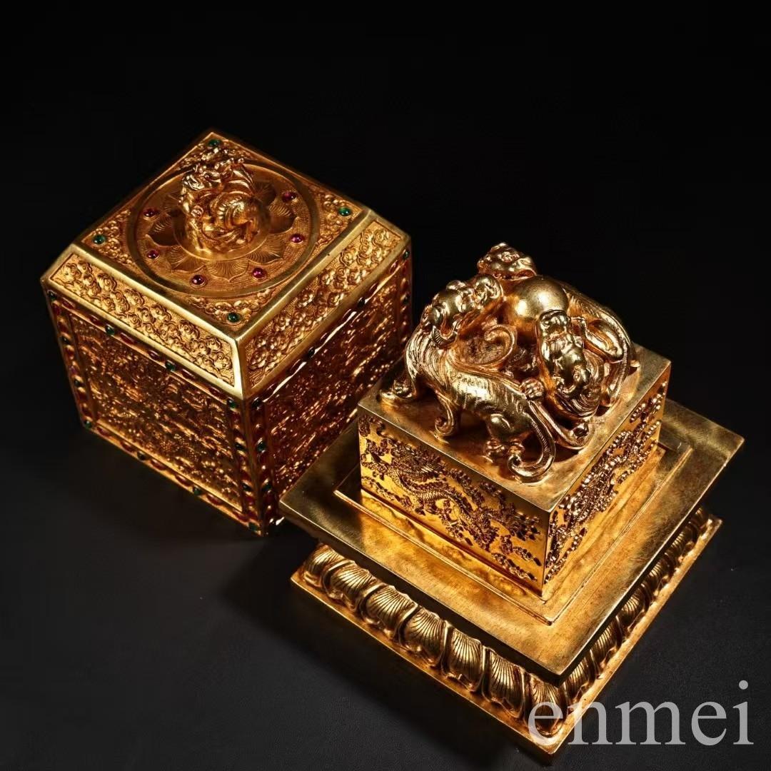 中国古美術・旧蔵鏨刻鎏金の龍印鑑玉璽・純銅製・高浮彫・置物・書道具・文房具・風水