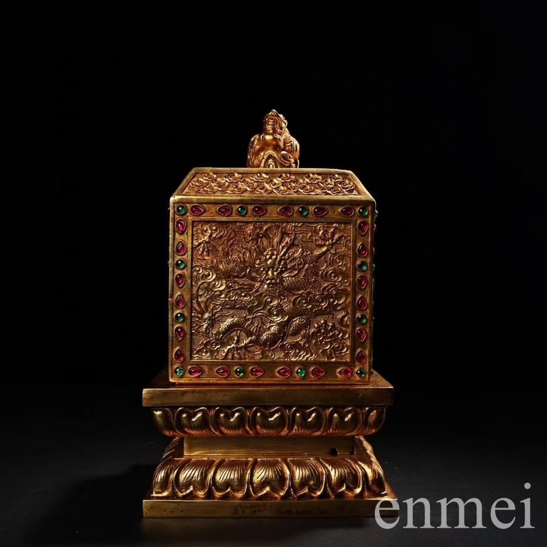 中国古美術・旧蔵鏨刻鎏金の龍印鑑玉璽・純銅製・高浮彫・置物・書道具・文房具・風水