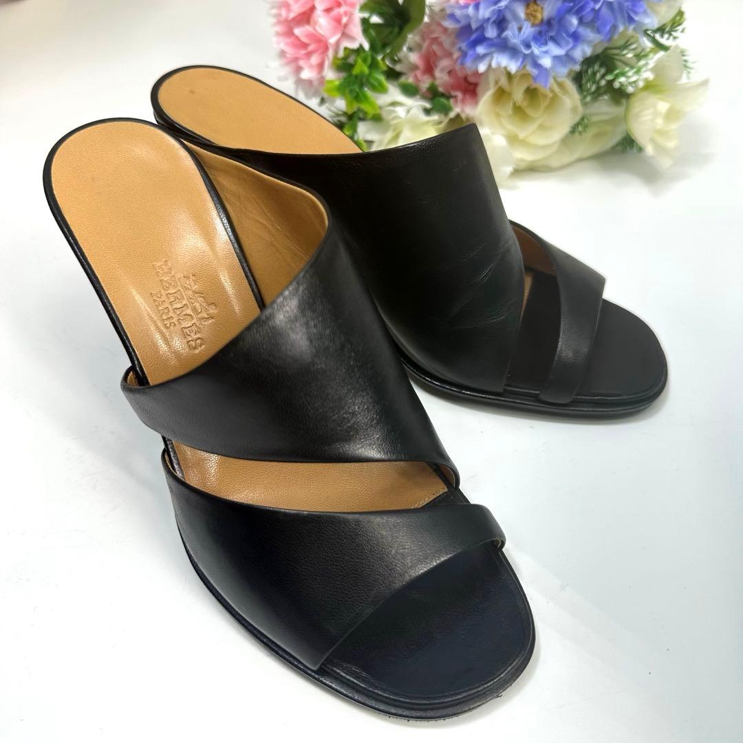 美品★HERMES★エルメス ミュール サンダル レザー 黒 ヒール サイズ35