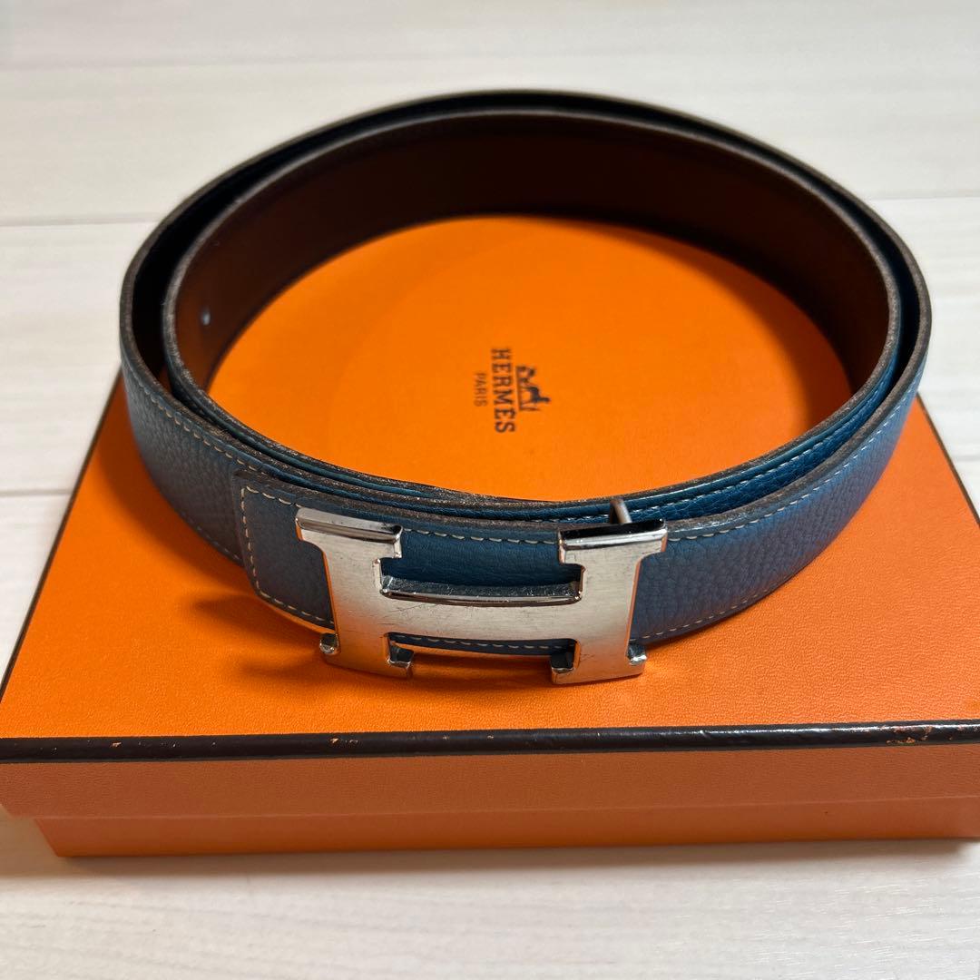 HERMES ブルーレザー H型バックル ベルト