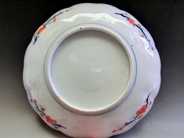 皿■赤絵松竹梅花弁型花唐草紋中皿 花鳥紋(江戸期)古美術 時代物 古い骨董品■