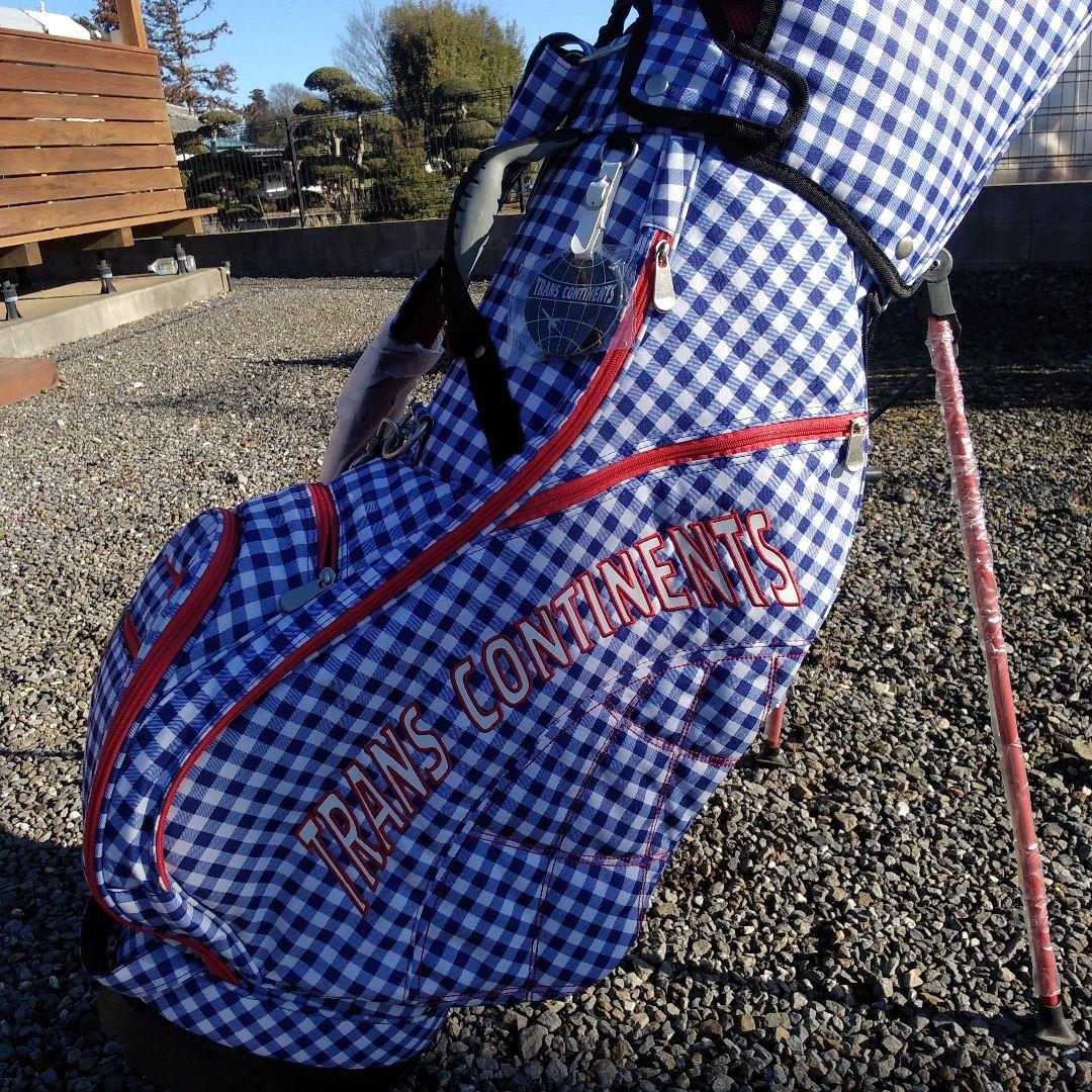 トランスコンチネンツ　キャディバッグ　スタンド式　チェック　青✕赤　中古