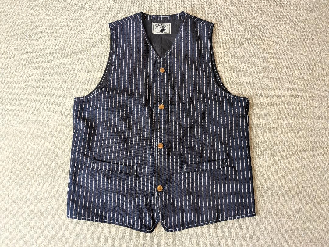 美品 アンドファミリーズ インディゴ ウォバッシュ ベスト デニム ワーク 40