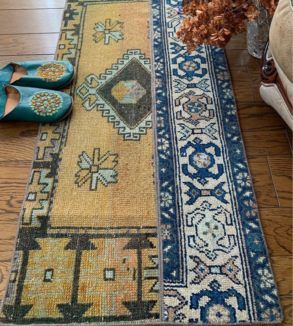 トルコヴィンテージラグ　マスタードイエロー115cm×52cm トルコラグ