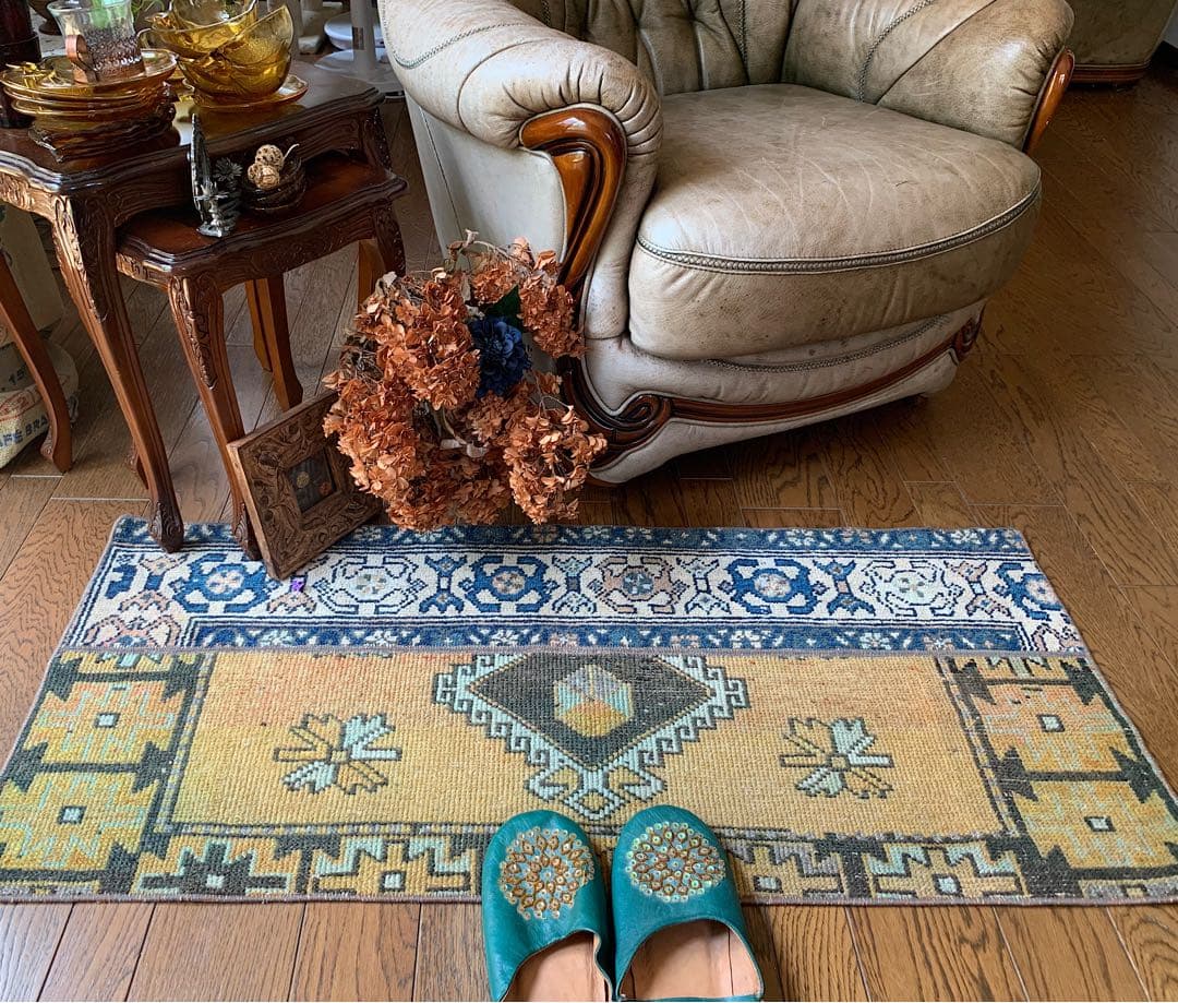 トルコヴィンテージラグ　マスタードイエロー115cm×52cm トルコラグ