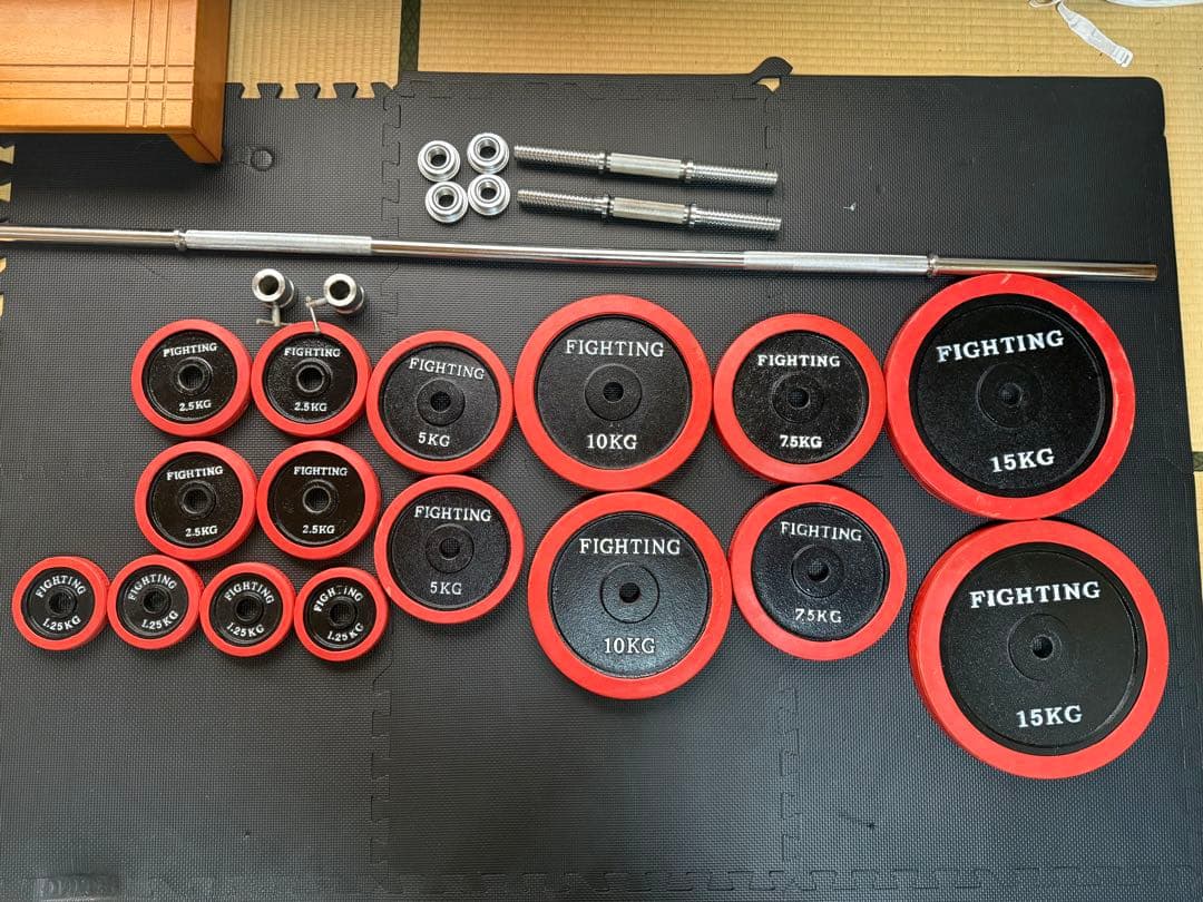 ベンチプレス台+プレート・シャフト100kg+セーフティーバー+マット　セット