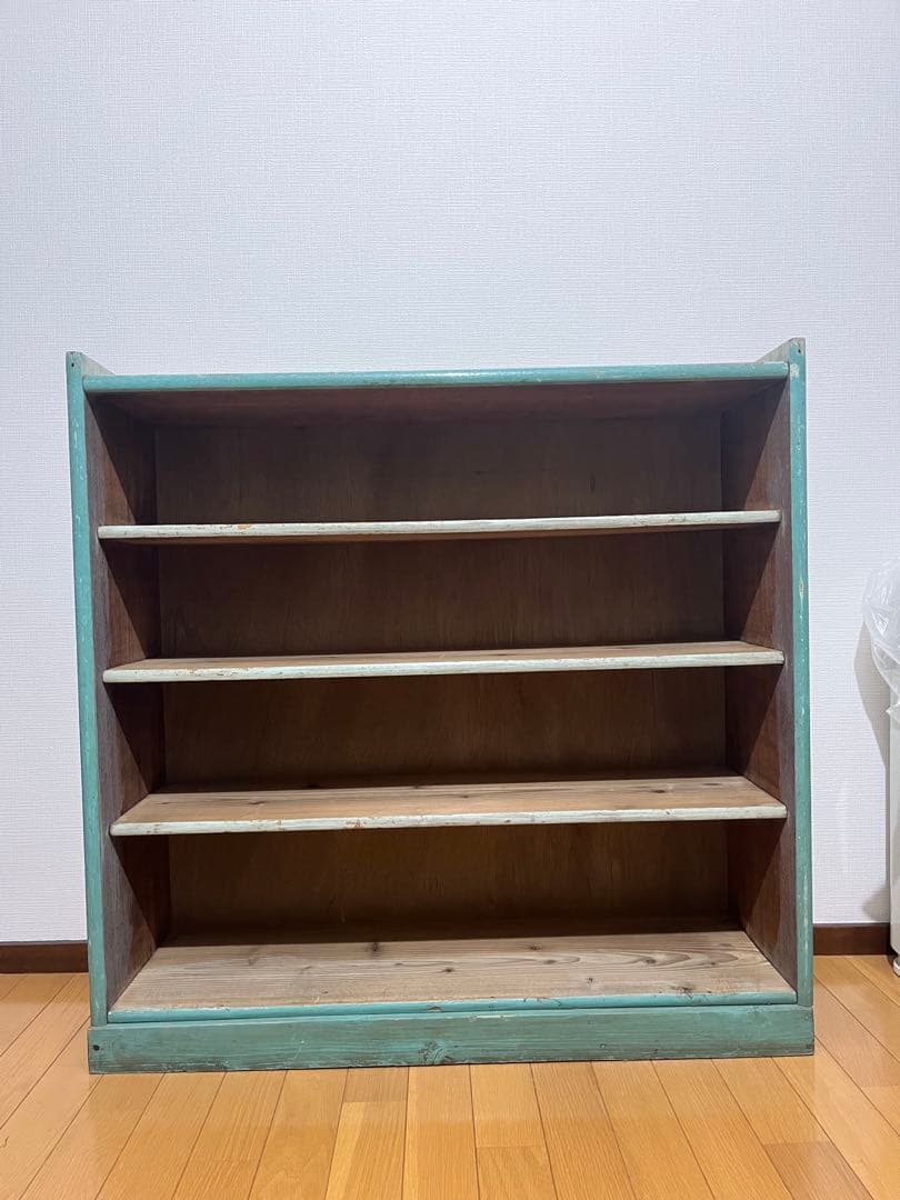 青緑の昭和レトロな本棚　木製4段　ブルーグリーン