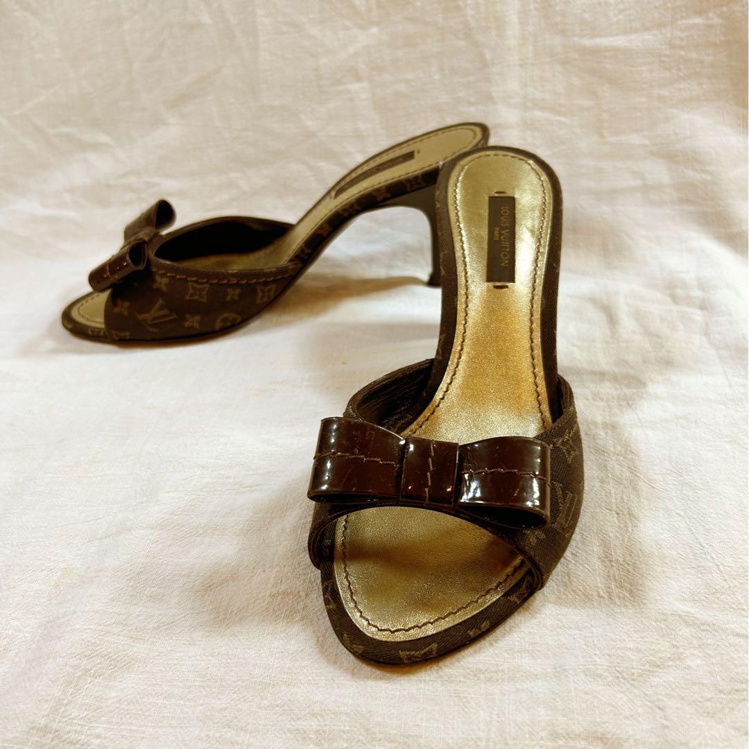 ルイヴィトン　リボン付きブラウンレザー ミュール　即日発送　23cm