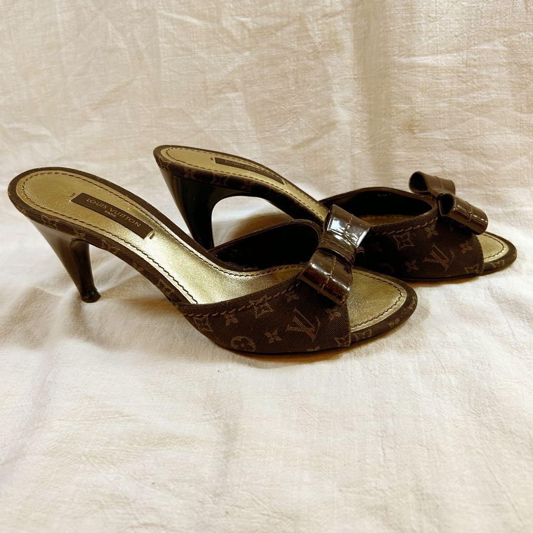 ルイヴィトン　リボン付きブラウンレザー ミュール　即日発送　23cm