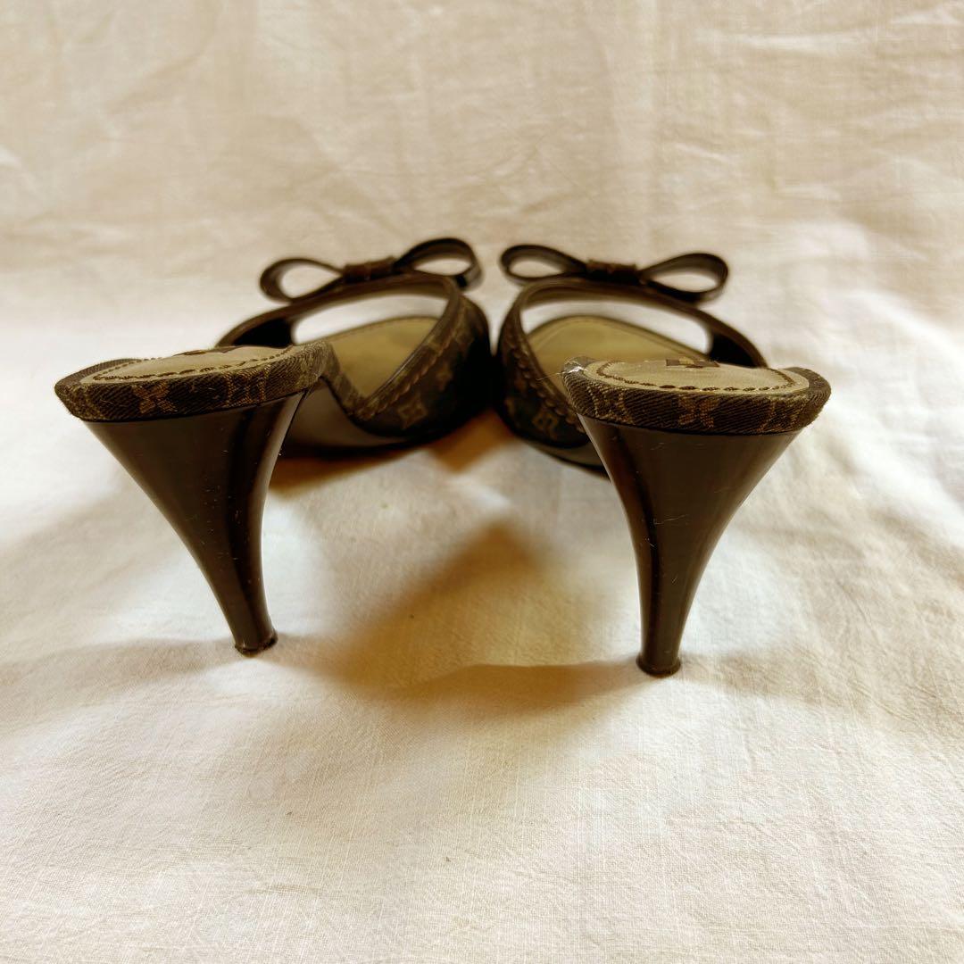 ルイヴィトン　リボン付きブラウンレザー ミュール　即日発送　23cm