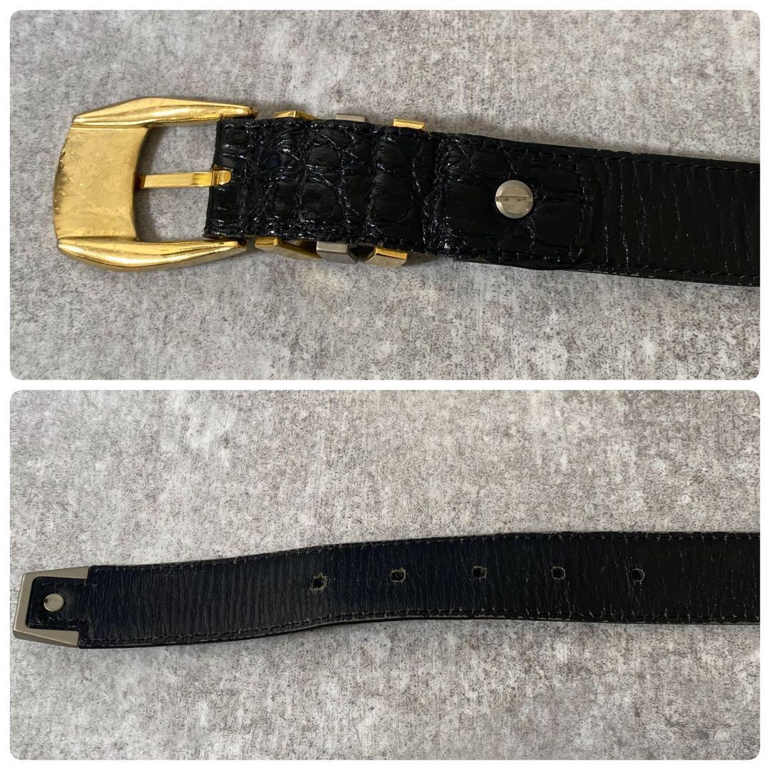 ヴェルサーチ　ベルト　クロコ型押し　レザー　ブラック　ゴールド金具