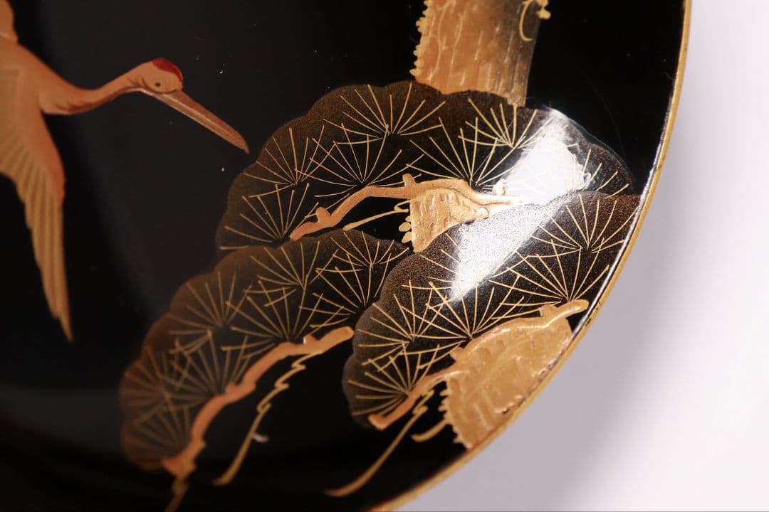 【CM376】大正期 月と松 飛翔鶴 金蒔絵 欅地溜塗 黒塗 椀二客 木製漆器