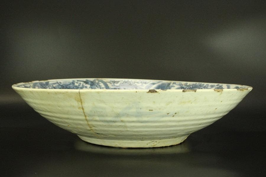 中国美術 青花 呉須 古染付 帆船図 大皿 φ47cm 明 貿易船(LC647)