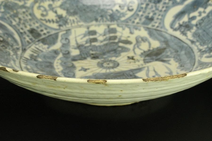 中国美術 青花 呉須 古染付 帆船図 大皿 φ47cm 明 貿易船(LC647)