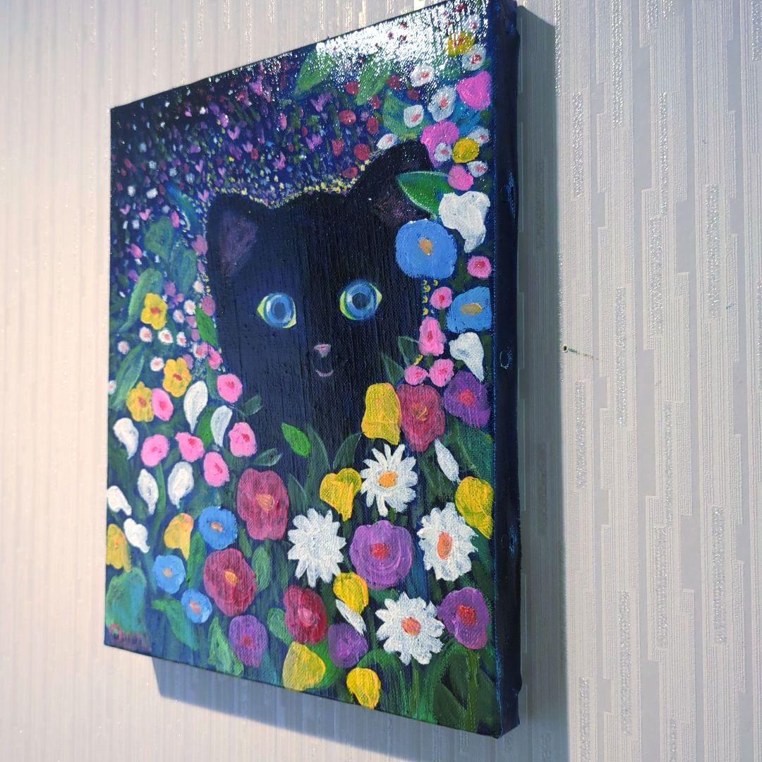 キャンバス油絵　専用   黒猫ガーデン 3　クリムト風フラワーガーデン
