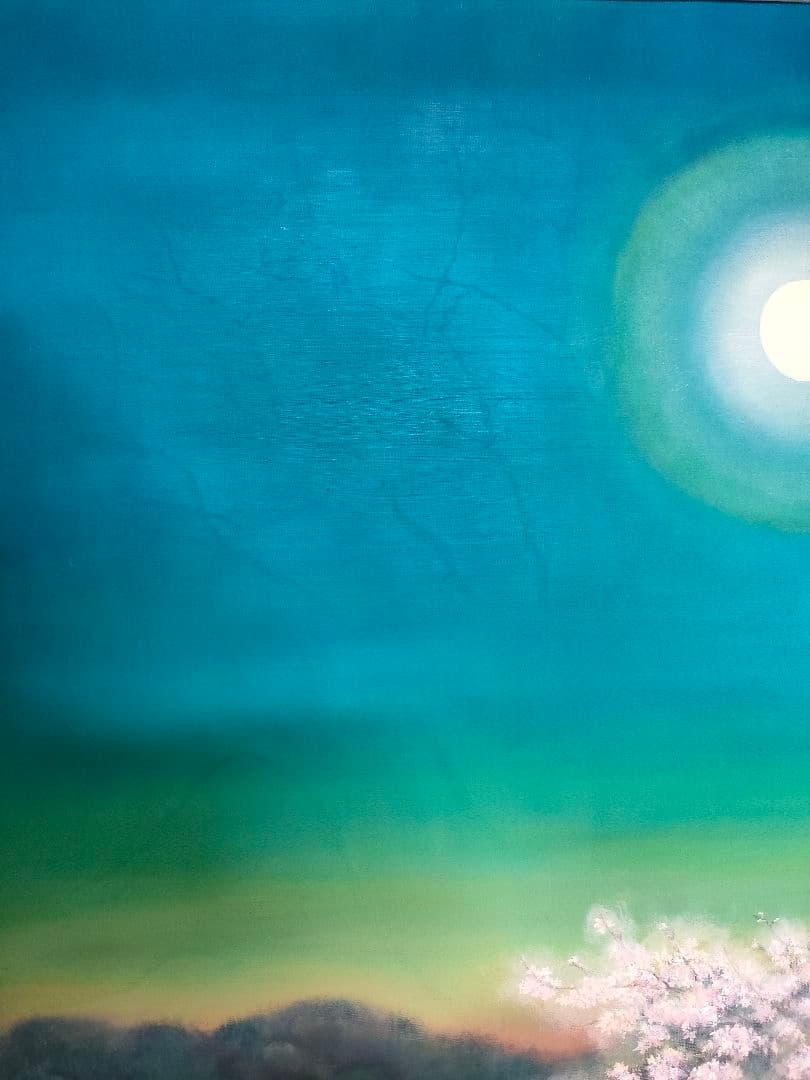 絵画　油彩画　Ｐ30号【春の夜明けに輝く月】